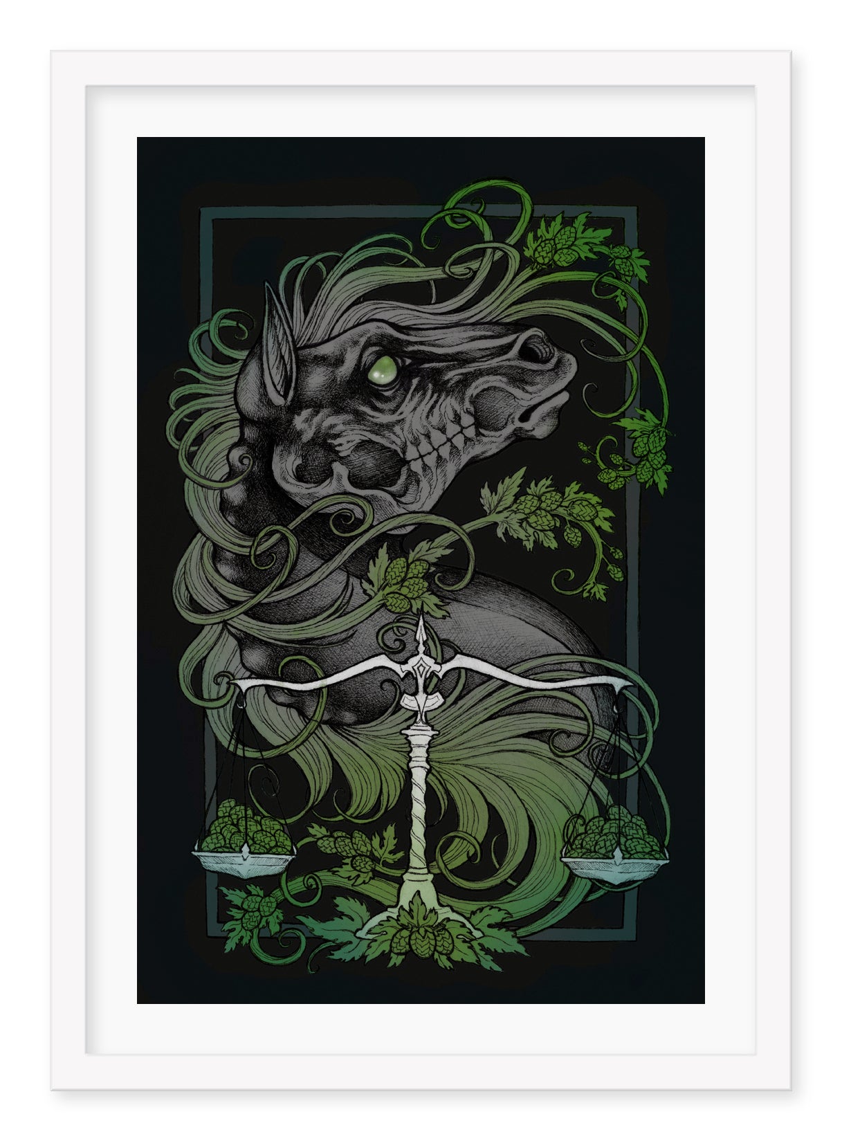 An illustration of The Black Horse of Famine by Caitlin Hackett depicts a mystical horse with glowing eyes in green foliage. A balance scale with leaf-filled baskets complements the intricate design, enhancing the green and silver hues against a dark background.