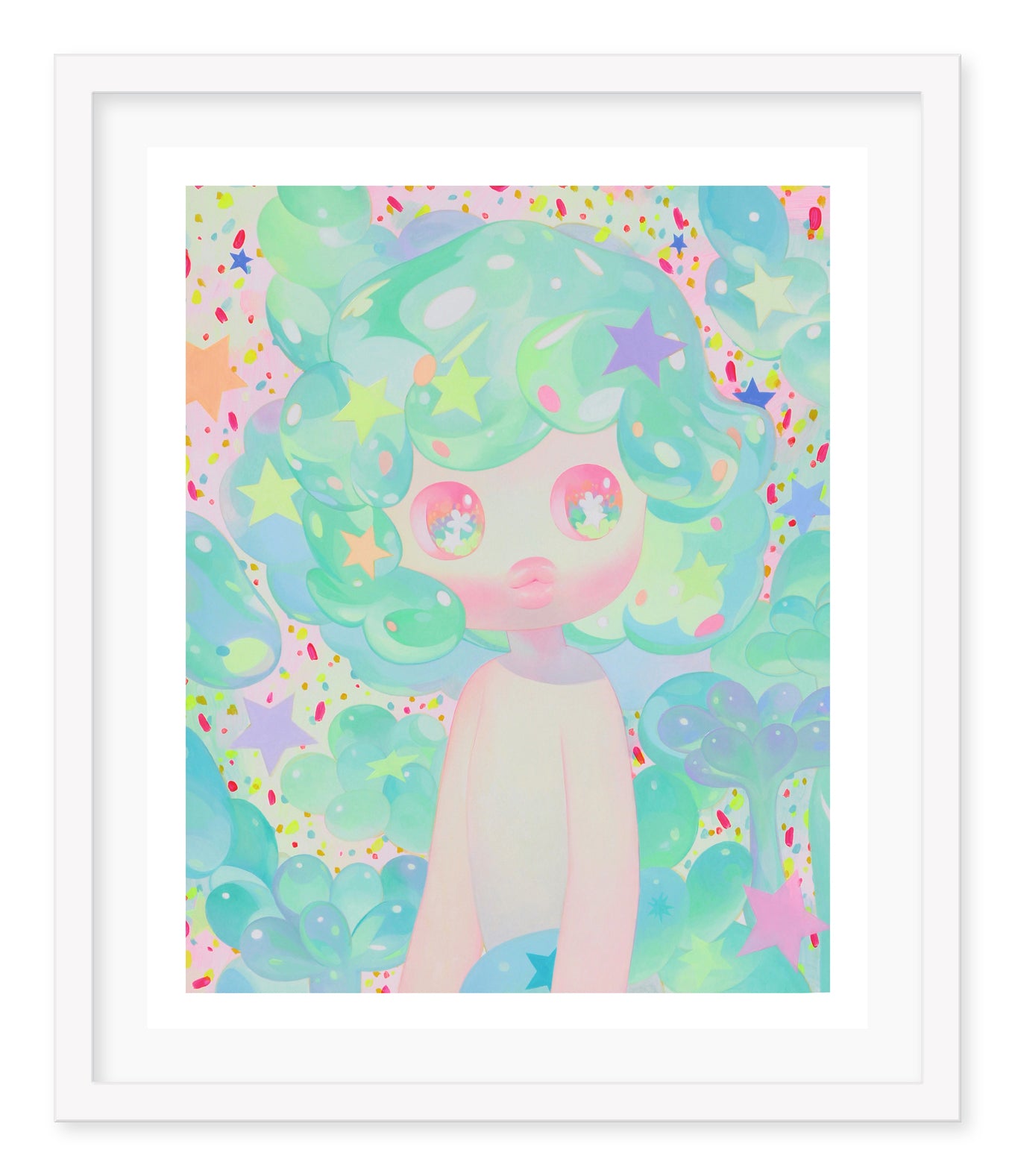 The First Droplet by So Youn Lee is a limited edition archival pigment print featuring a whimsical, pastel-colored childlike figure with large reflective eyes, green swirling hair with star shapes, and a vibrant background of confetti-like patterns and soft swirls.