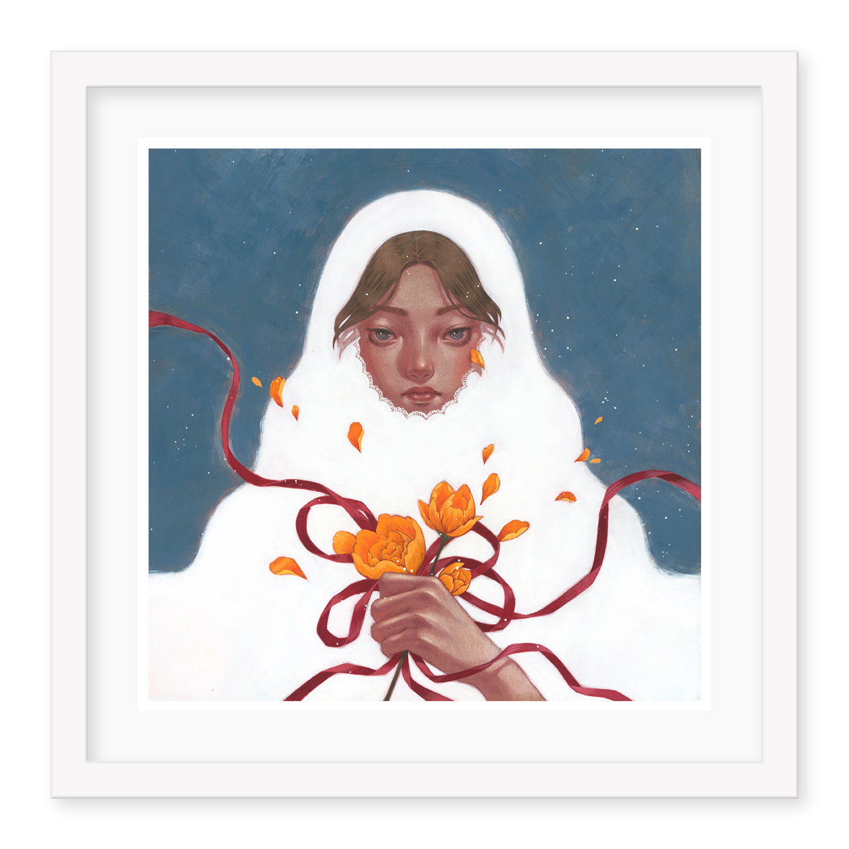 A thoughtful figure, enveloped in a white shawl with orange flowers and a red ribbon, stands against a dark blue background. This serene scene is beautifully captured by Shoko Ishidas archival pigment print titled Winter Bride.