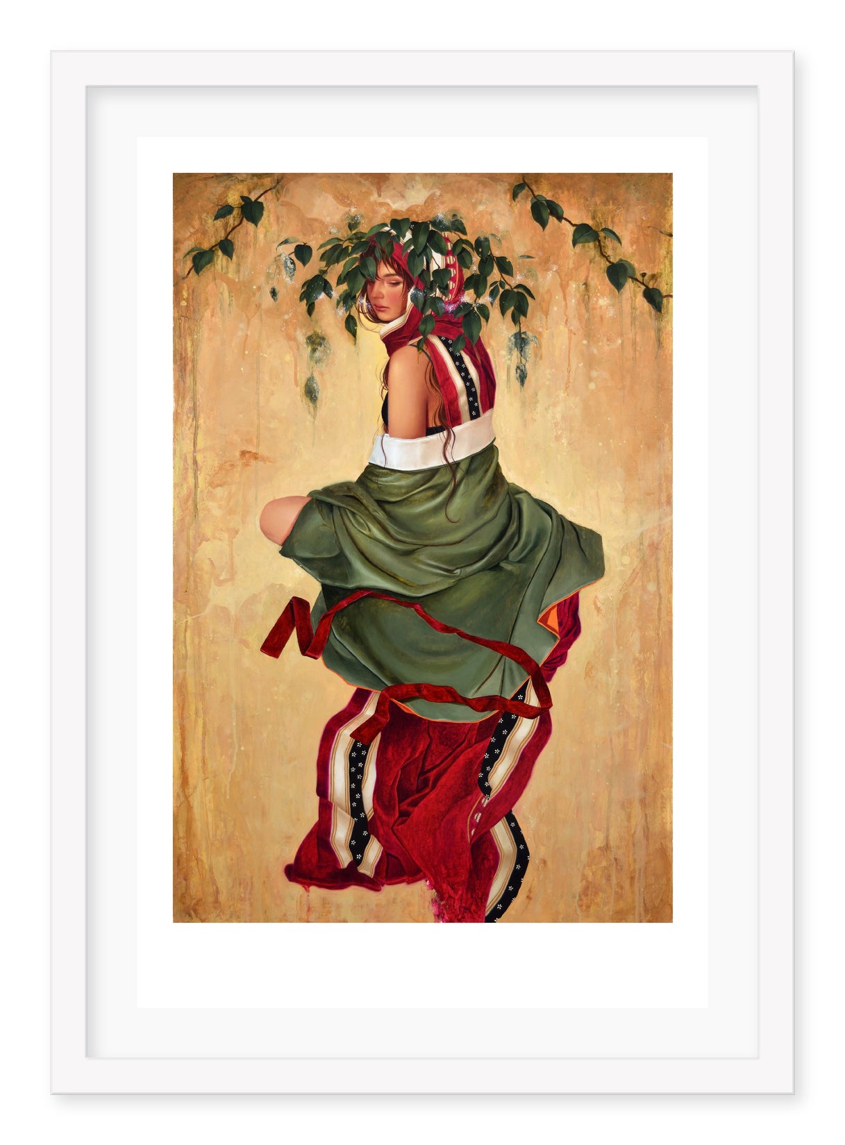 A woman in traditional attire, adorned with a leaf headdress in Sasha Iras A Place Somewhere Other Than Here, gazes sideways. Her green and red patterned garments reflect intricate artistry against a muted backdrop with a vine like an archival pigment print.