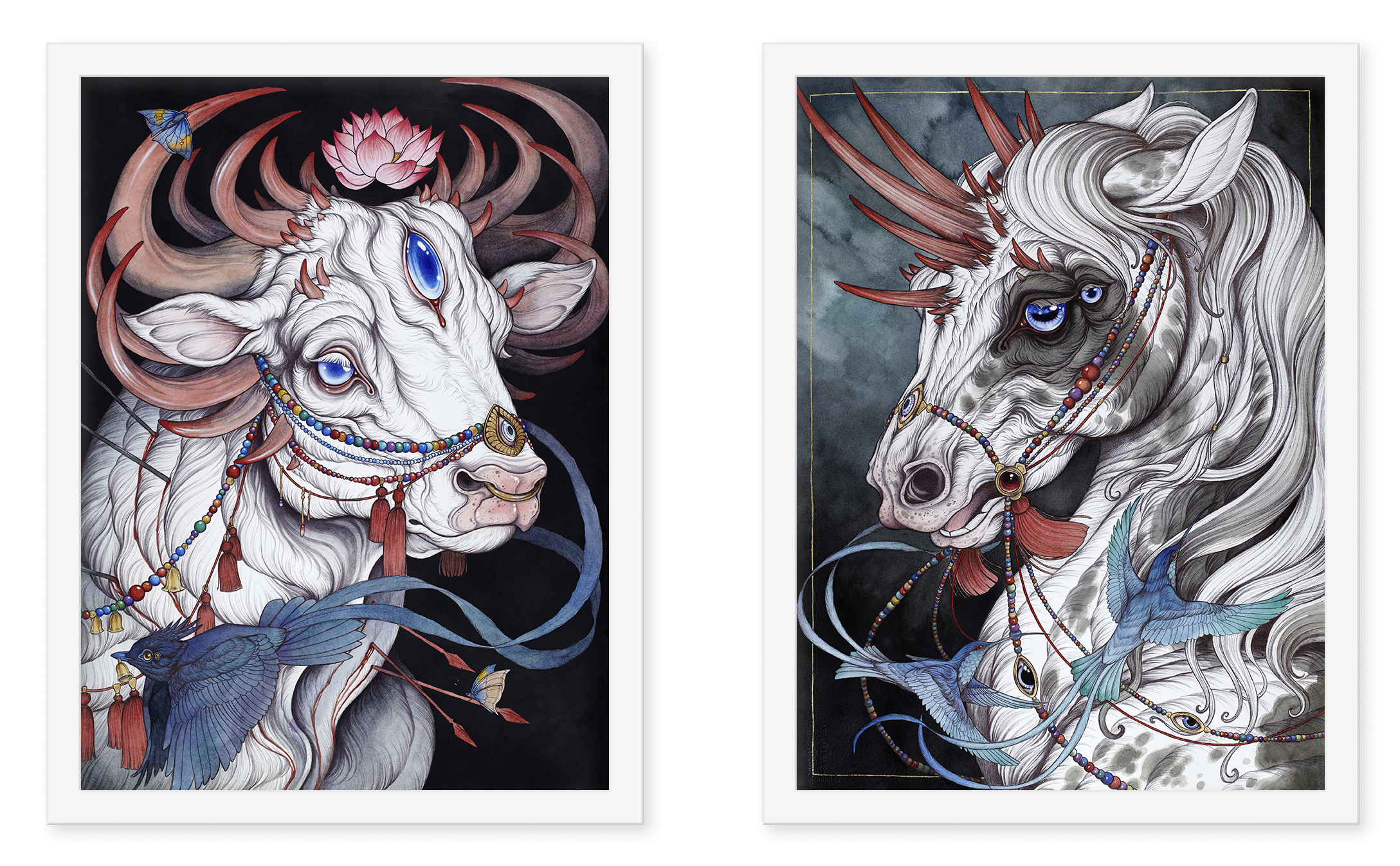 The Sacred Bull" & "The Gift Horse" set by Caitlin Hackett features ornate fantasy portraits of multi-horned white cows with blue eyes, beads, flowers, birds, and ribbons—available as signed art prints on archival pigment paper.
