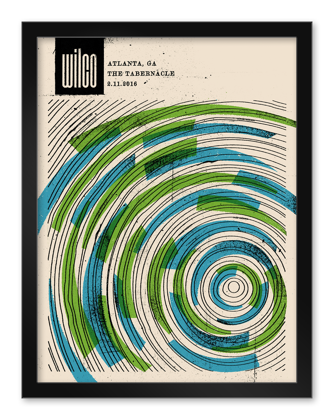 THE WRKWEEK "Wilco, Atlanta, February 11th, 2016" is a limited edition screenprint concert poster with abstract blue and green concentric lines on a cream background, framed in black.