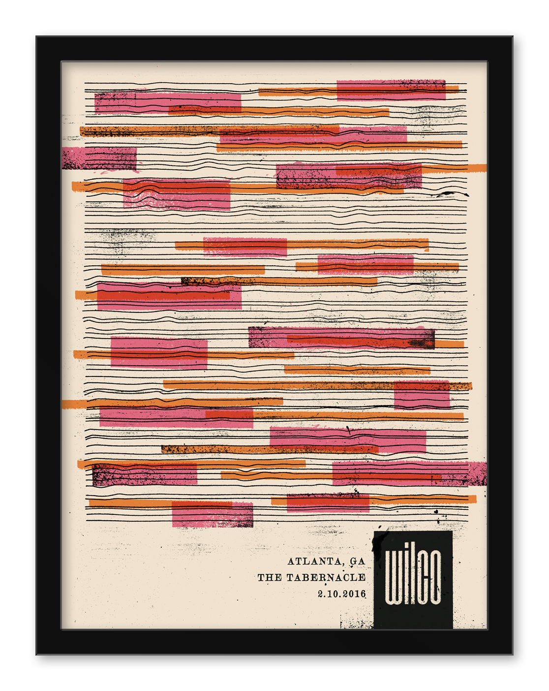 THE WRKWEEKs limited edition Wilco, Atlanta, February 10th, 2016 screenprint poster features pink, orange, and red horizontal stripes with black lines and is signed by the artist. Text reads Atlanta, GA, The Tabernacle, 8.10.2015 at the bottom.