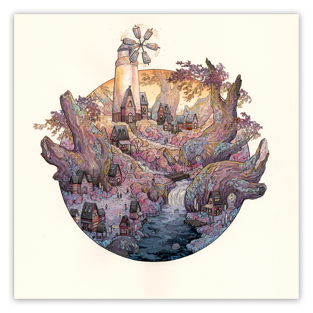 Nicole Gustafssons Windmill Root Village features a whimsical illustration of tiny houses among trees, a winding stream, and a windmill in the backdrop. This fine art giclee print is encased within a circular border, radiating fairytale charm.