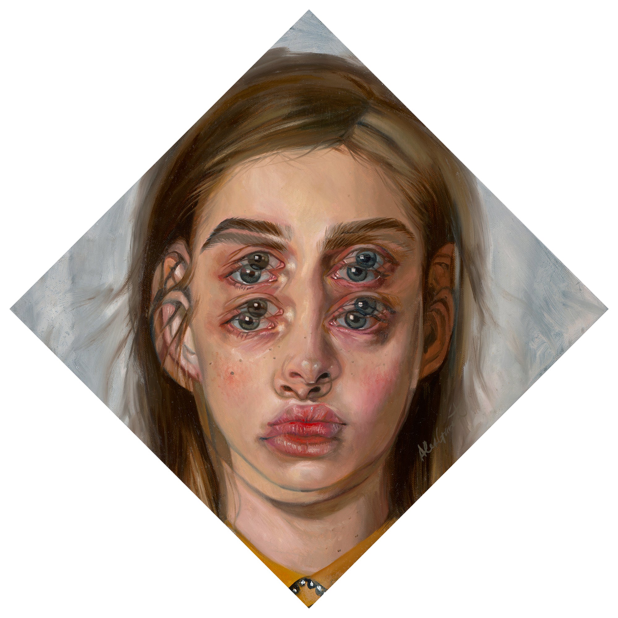 Alex Garants surreal portrait Wind features a young person with long brown hair and two sets of eyes for a piercing gaze. This limited edition archival pigment print is rotated to diamond orientation, offering an unusual distorted appearance.