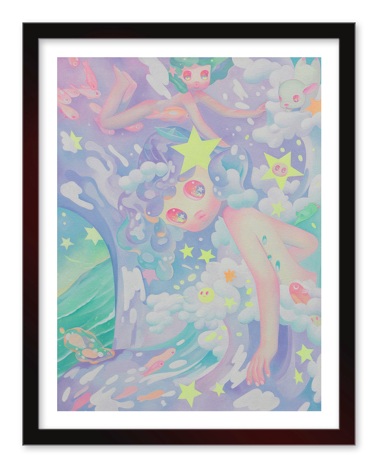 So Youn Lees Wave features whimsical, pastel-colored figures with star motifs. A central figure with cloud-like hair and sparkling eyes floats amidst swirling waves in a stunning archival pigment print dominated by soft pink, blue, and green hues.