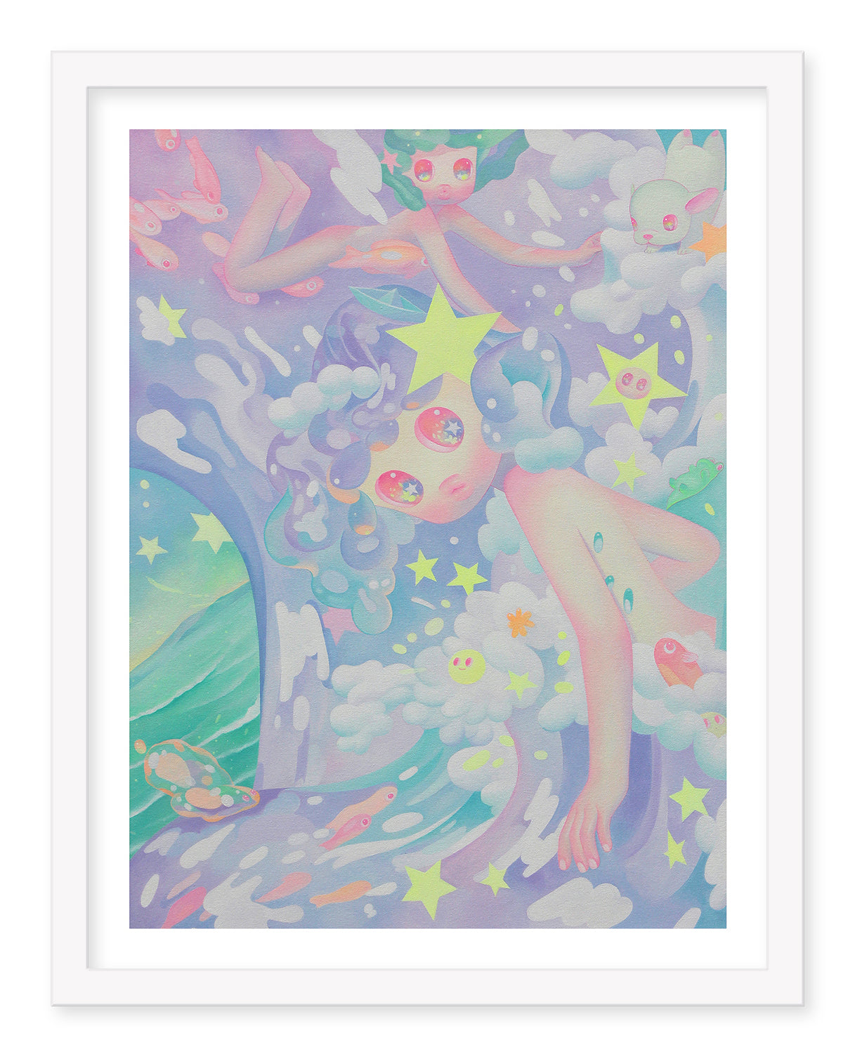 The Wave archival pigment print by So Youn Lee showcases dreamy, pastel hues and whimsical characters with starry eyes amidst clouds, stars, and waves, creating a magical and surreal atmosphere in soft pinks, blues, and greens.