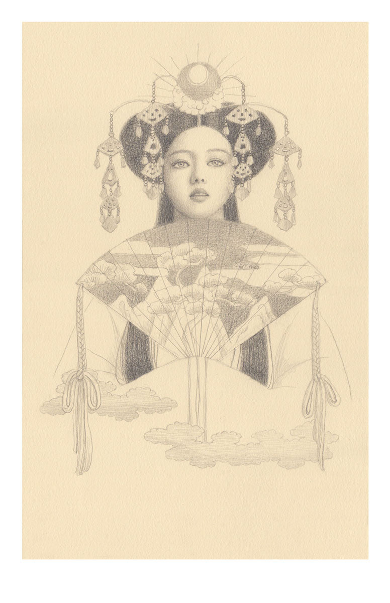 Hemera by Chie Yoshii is a limited edition archival pigment print depicting a woman in ornate headpieces beneath a sun, holding an open fan adorned with clouds and sky, with extra clouds surrounding the fan.