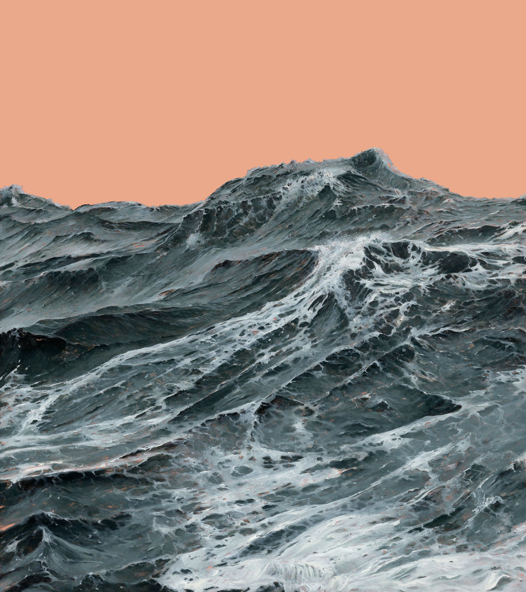 Adam Halls The Conductor is a limited edition archival pigment print capturing choppy, dark ocean waves with white foam beneath a clear, solid peach sky for a dramatic, surreal seascape.