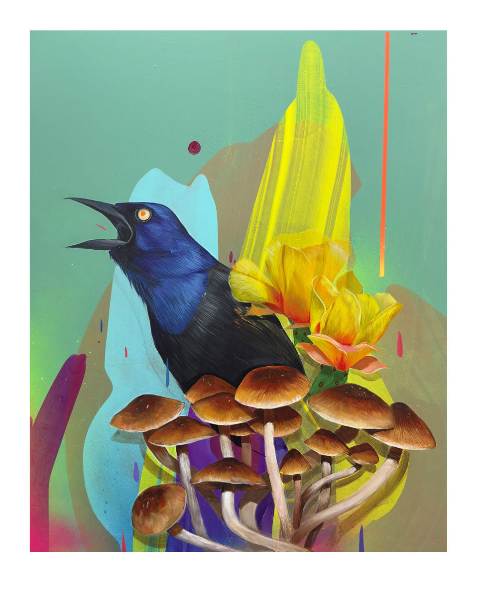 Colorful artwork of a bird perched on mushrooms with a vibrant background