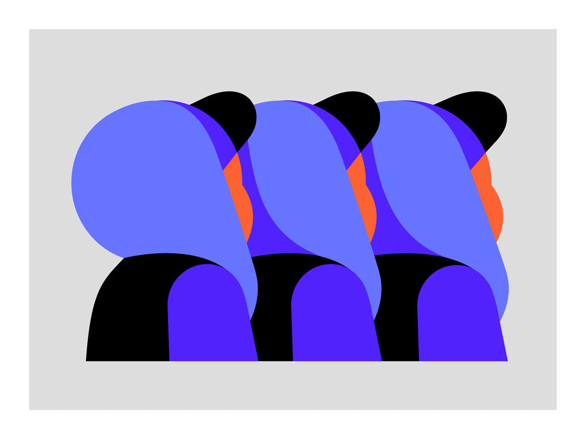 3 Kids" by Jerome Masi: three abstract KIDS series figures with blue and purple hair and bodies, orange faces, and black hats on a light gray background.