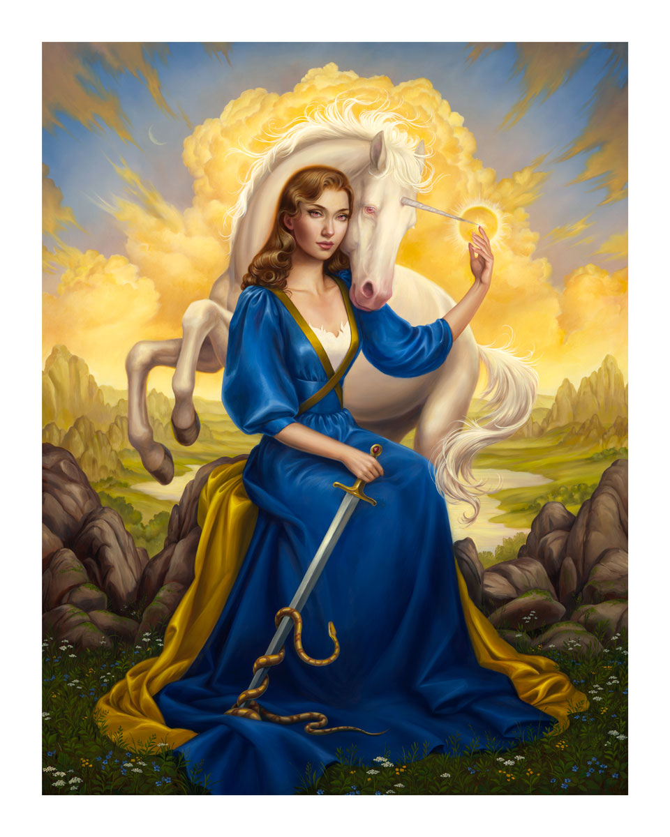 Lady and the Unicorn" by Allison Reimold is a hand-embellished print portraying a woman with a sword and golden ring, alongside a glowing-maned white horse beneath dramatic mountains.