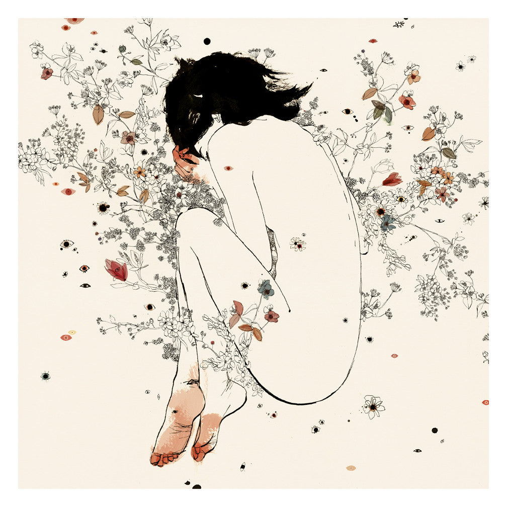 The limited edition Cicuta by Conrad Roset depicts a person with black hair in a fetal position, surrounded by vibrant flowers and leaves on a pale background. This fine art giclee print beautifully captures the pieces soft, dreamlike quality.