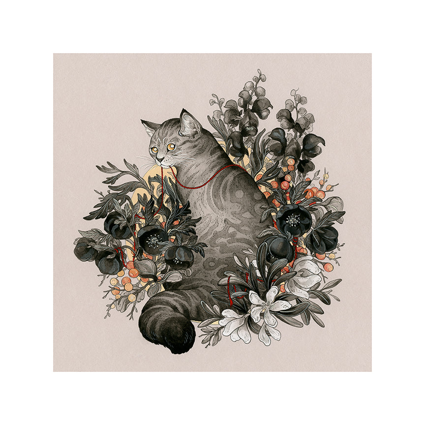 The limited edition Portent by Nicole Gustafsson showcases a gray cat with a red collar nestled among detailed flowers, where black, white, and orange blossoms contrast beautifully against the soft beige background in this archival pigment print.