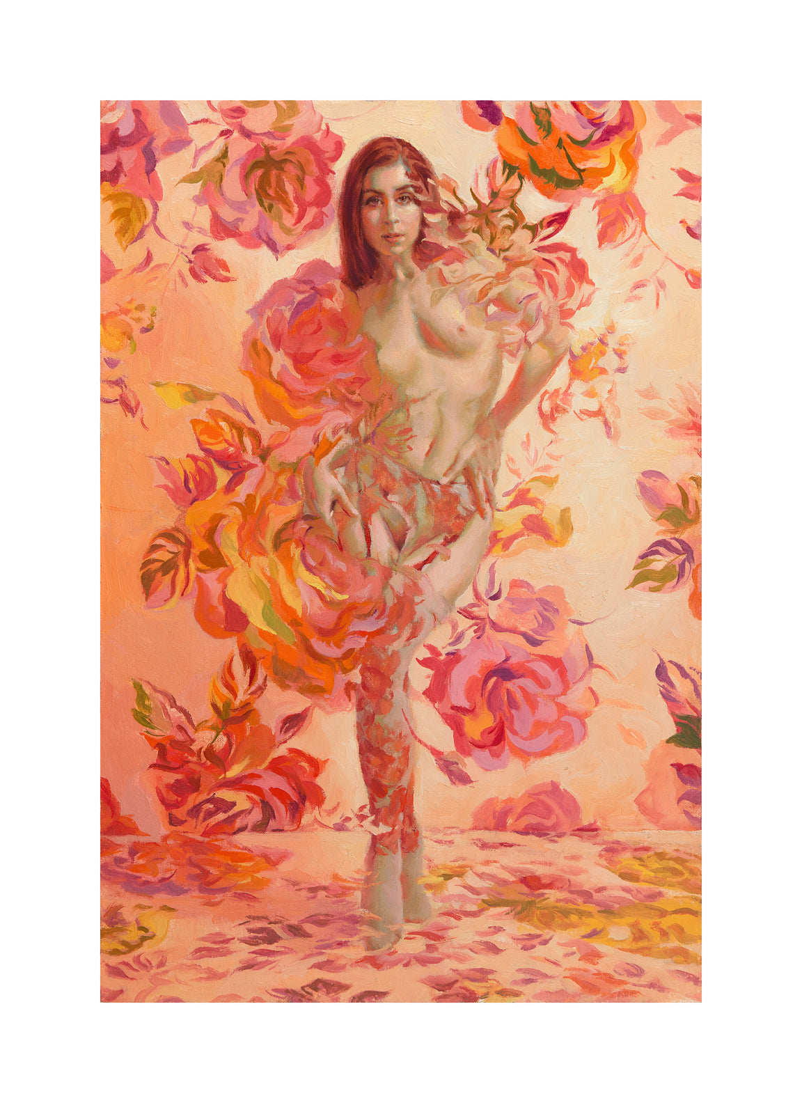 Sergio Lopezs Living Coral, an archival pigment print, showcases a woman seamlessly merging into vibrant pink and Living Coral flowers, creating a surreal blend with the floral backdrop.