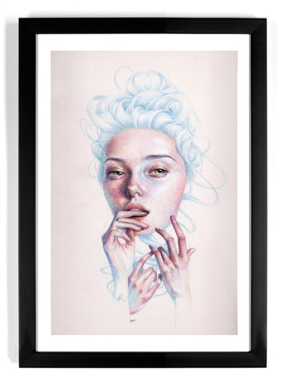 The limited edition Tactile Feast fine art giclee print by Mandy Tsung portrays a woman with a thoughtful expression, her hair in a loose bun, chin resting on her hand. Delicate pastels and intricate shading enhance the depth and emotion of the piece.