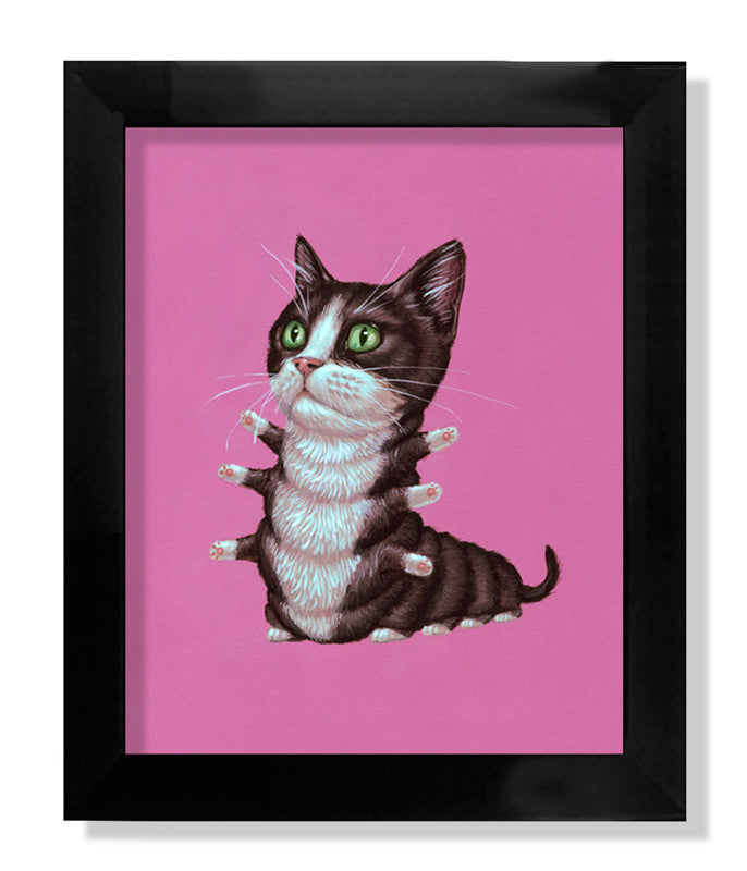 The Tuxedo Cat by Casey Weldon showcases a whimsical feline with caterpillar-like legs and big green eyes against a bright pink background. Its available as a signed and numbered fine art giclee print in a sleek black frame.