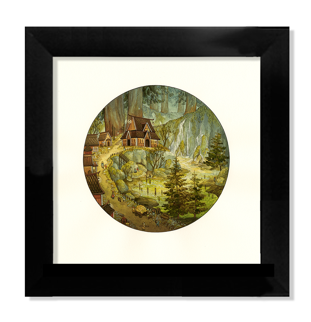Misty Moss Gorge by Nicole Gustafsson is a signed, numbered circular painting depicting a serene landscape with East Asian architecture amidst trees and cliffs, framed by a black border to highlight its details and warm colors.