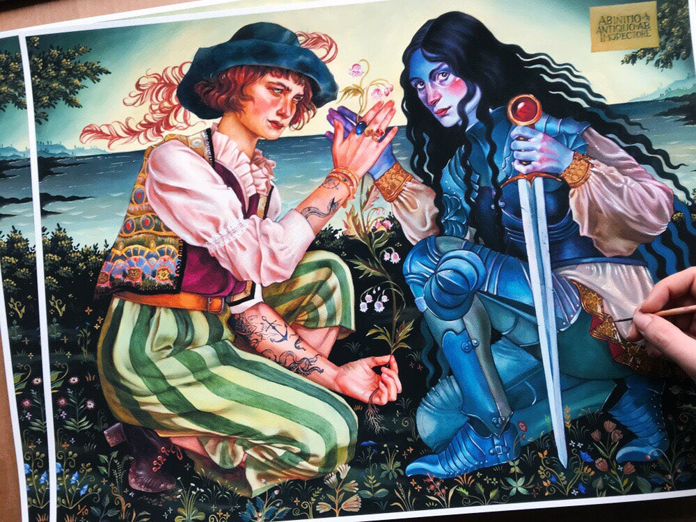 Ruth Speers Valley of the Shadow archival pigment print beautifully captures two fantasy characters: one wearing a hat and striped pants, and the other in armor with a cape and sword. They connect hands amidst flowers with a lake and mountains as their backdrop.