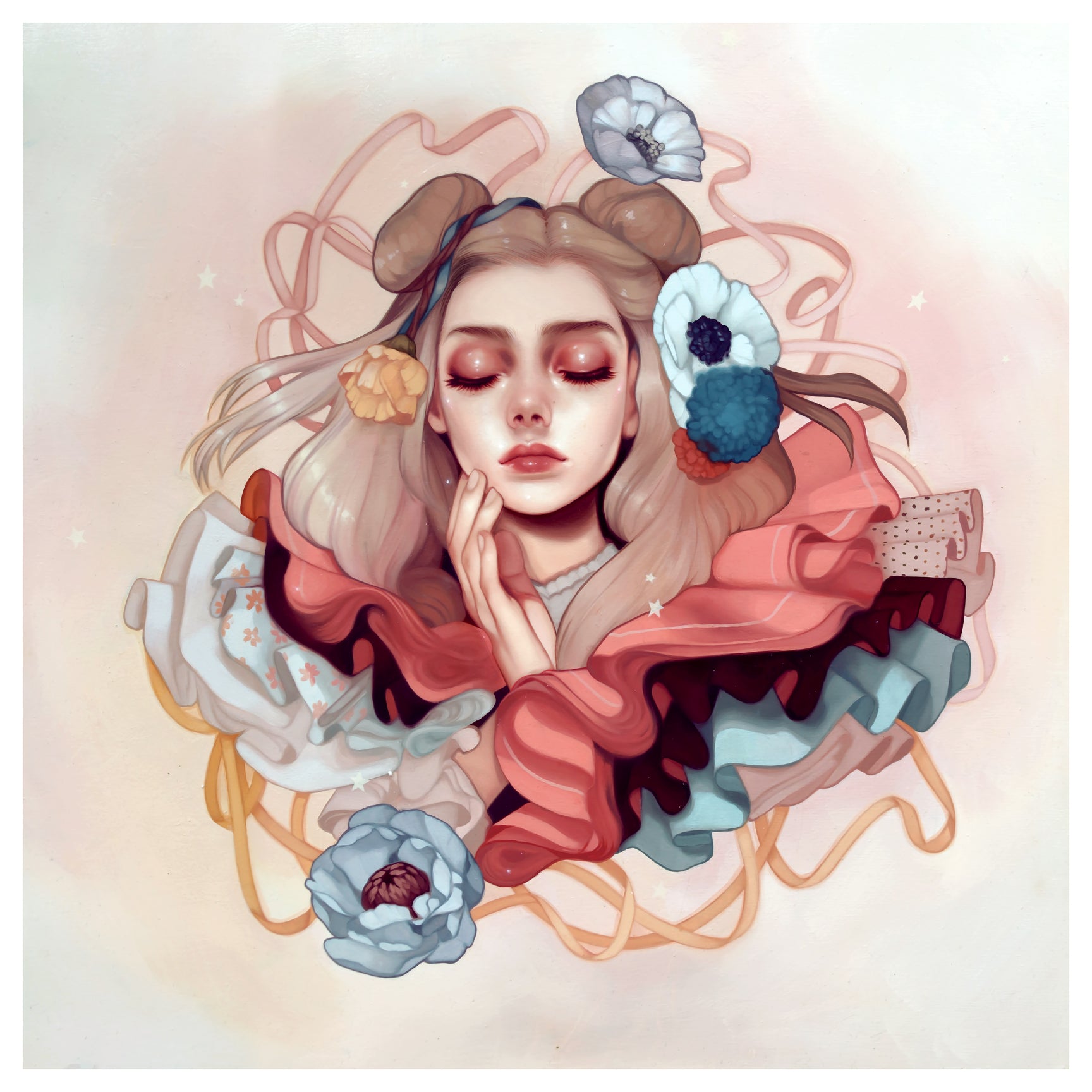 Abundance by Kelsey Beckett is a dreamy illustration of a serene woman with closed eyes, surrounded by vibrant flowers and ribbons. Her hair in top buns, she rests her hand on her cheek. This archival pigment print is a hand-embellished edition.