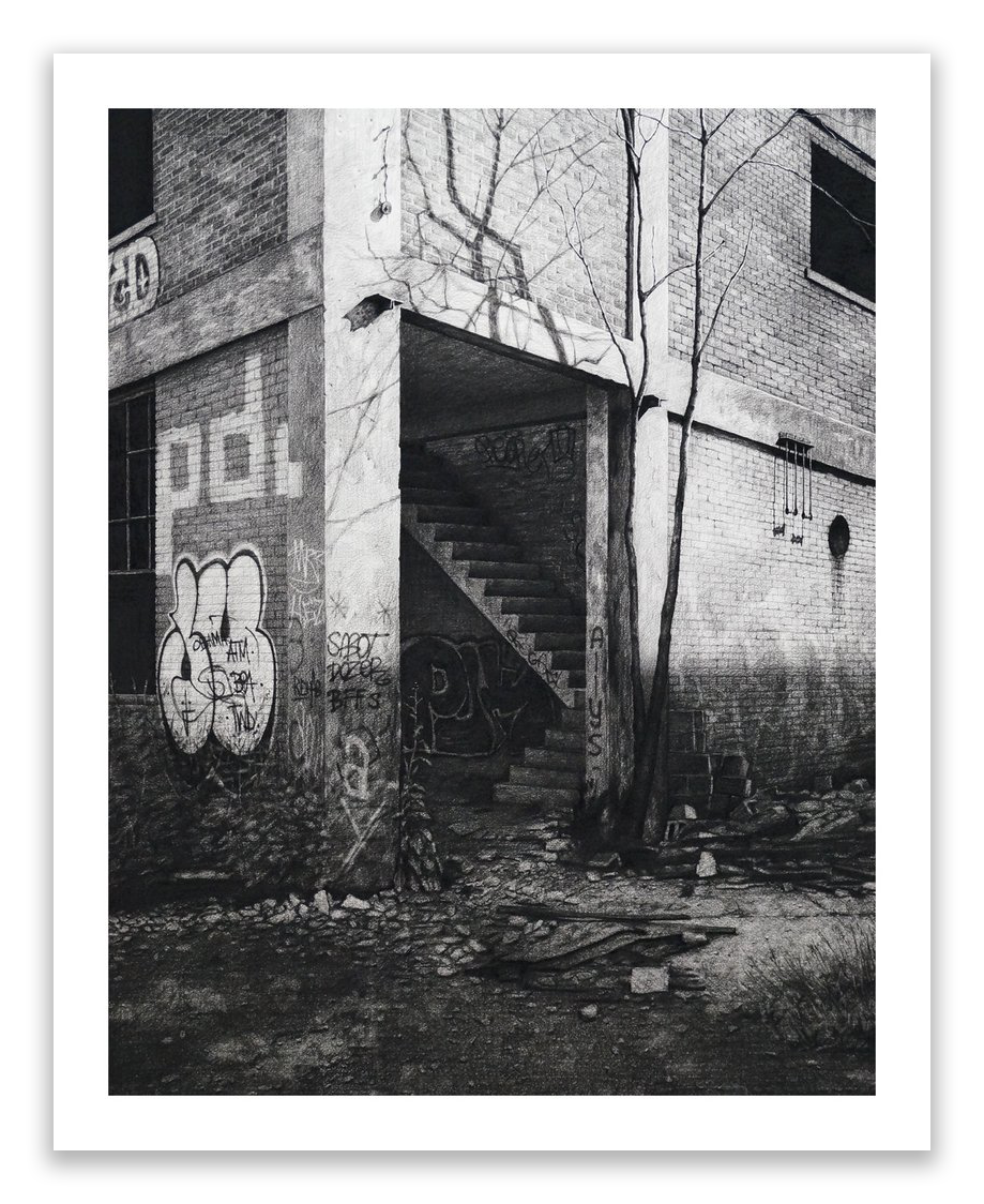 BFFS, a limited edition fine art giclee print by Stephanie Buer, depicts a black and white scene of an abandoned building with graffiti-splashed walls, overgrown plants, debris, a staircase leading up, and a nearby leafless tree.