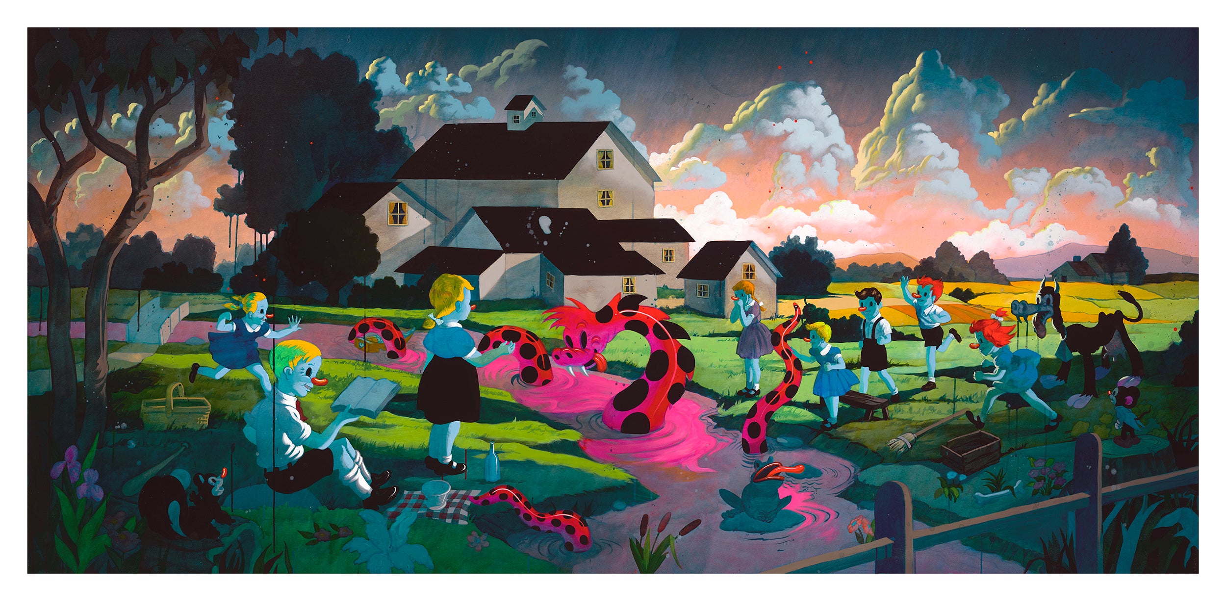 In a countryside scene, children in gold hair and blue-gray attire don pink sunglasses while playing with lively pink, black-spotted inflatable animals. This folk art-style moment takes place amidst archival pigment print-esque homes, clouds, and trees. Product: La Tierra de la Culebra by Victor Castillo.