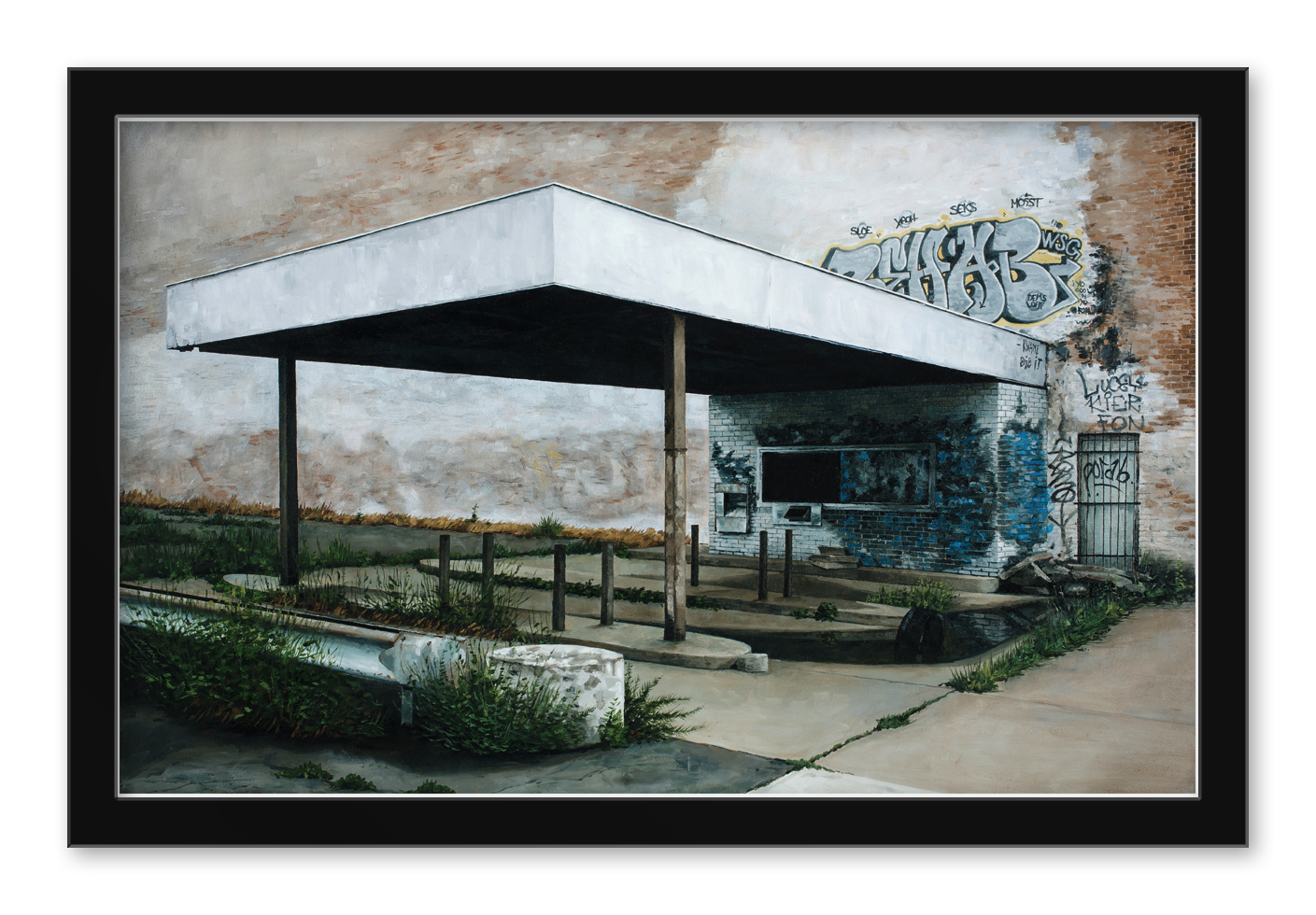 Kwame Did It by Stephanie Buer depicts a derelict gas station with a rusted canopy, overgrown weeds, graffiti on the wall, and an empty area with a brick wall in the background. Framed in black, this artwork is available as limited edition prints.