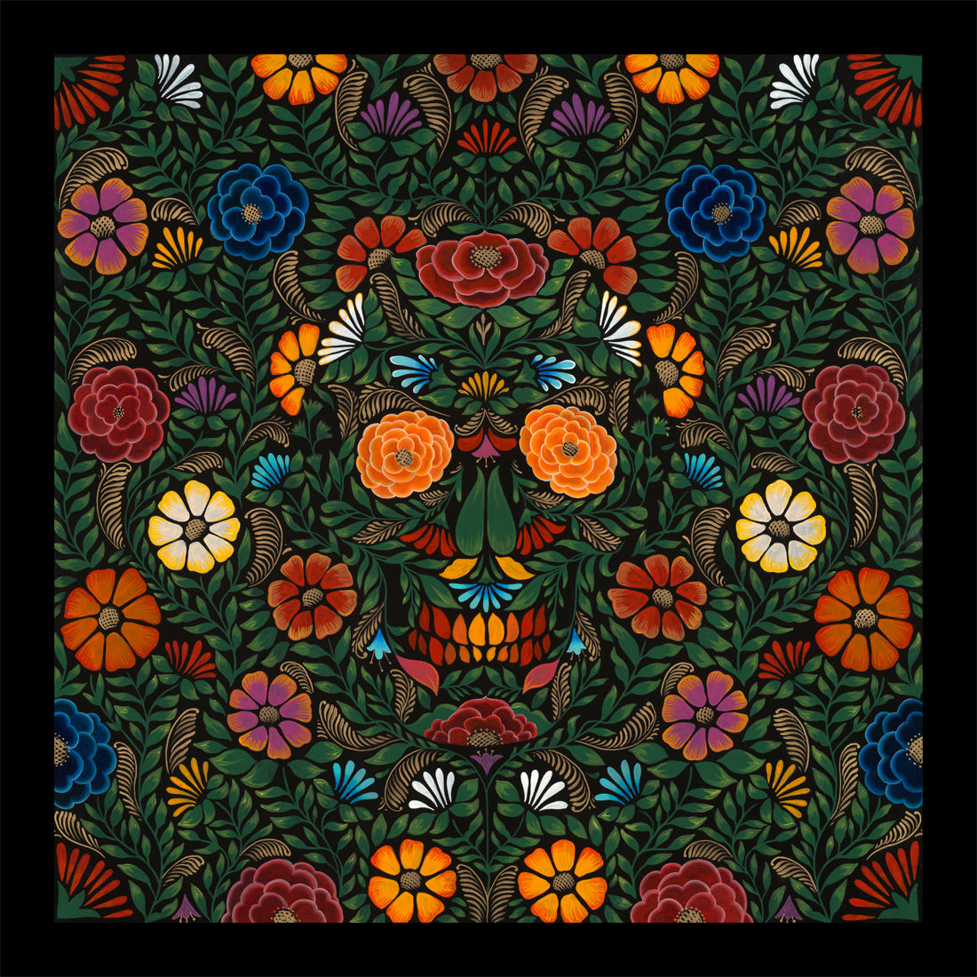Sylvia Jis Calavera Batea features a vibrant floral skull pattern with red, orange, blue, yellow, and green hues on a dark background. This stunning design is available as limited edition fine art prints for those seeking unique artwork.