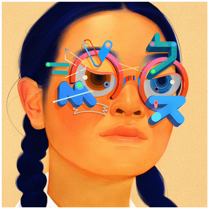 An illustration of a person with braided hair and round glasses, in Sam Rodriguezs Crazy Eyes style, features colorful abstract shapes, arrows, and lines on the glasses. This vibrant design contrasts beautifully against a soft beige background.