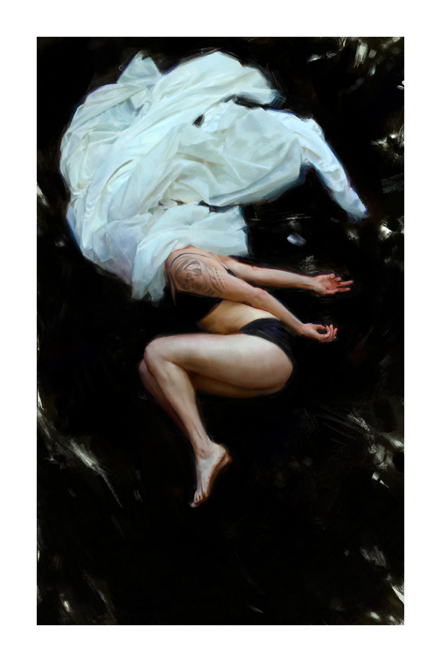A person with a visible tattoo is lying on their side in an artistic pose, wrapped in white sheets against a dark background, reminiscent of Despierta by Karla Ortiz. Wearing dark shorts, they appear to float in this ethereal composition.