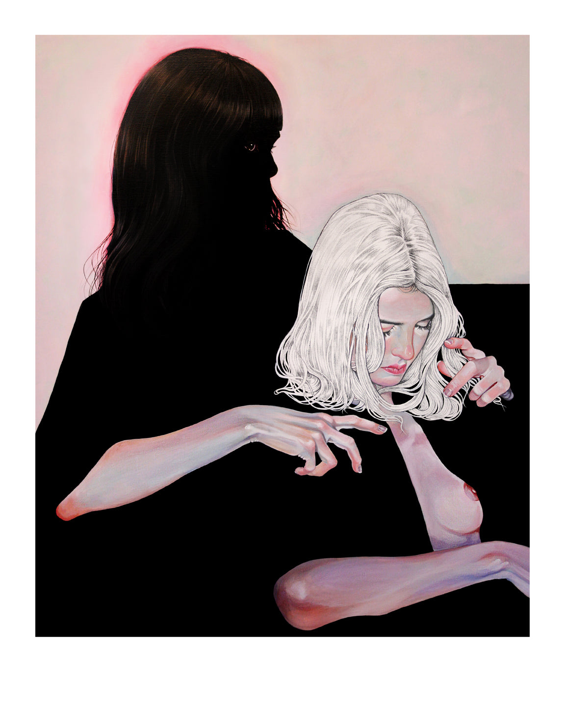 Dear Darkness, a surreal painting by Martine Johanna, features two contrasting women: one in shadow with dark hair and the other with light hair and pale skin. This archival pigment print includes a Certificate of Authenticity.
