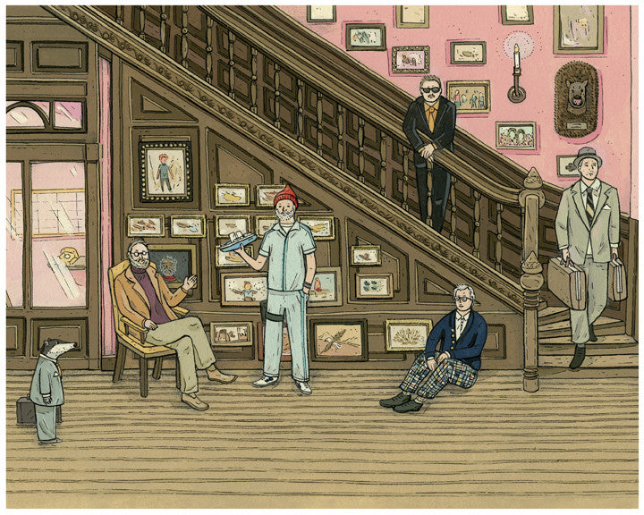 Nicole Gustafssons Not Enough Murrays depicts five uniquely dressed individuals in a vintage room with wooden stairs and picture-covered walls, accompanied by a briefcase-carrying badger. This whimsical scene is available as a fine art giclee print for the Black Friday promotion.