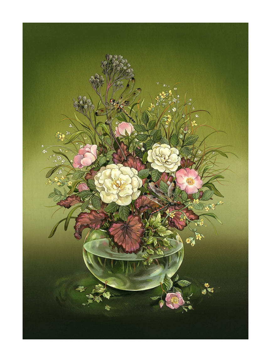 The glass bowl in Dragonflies & Wildflowers by Nicole Gustafsson showcases an elegant mix of white, pink, and red wildflowers with lush green foliage against a gradient green backdrop, capturing natures beauty with a small pink flower and petals at the base like an archival pigment print.
