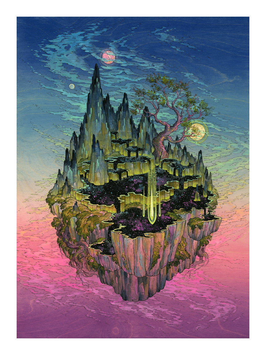 Experience the vibrant fantasy of Nicole Gustafssons Celestial Tarn, depicting a floating island with jagged peaks, lush greenery, a lone tree, and softly glowing celestial bodies set against pink, blue, and green hues. Perfectly suited as a fine art giclee print.