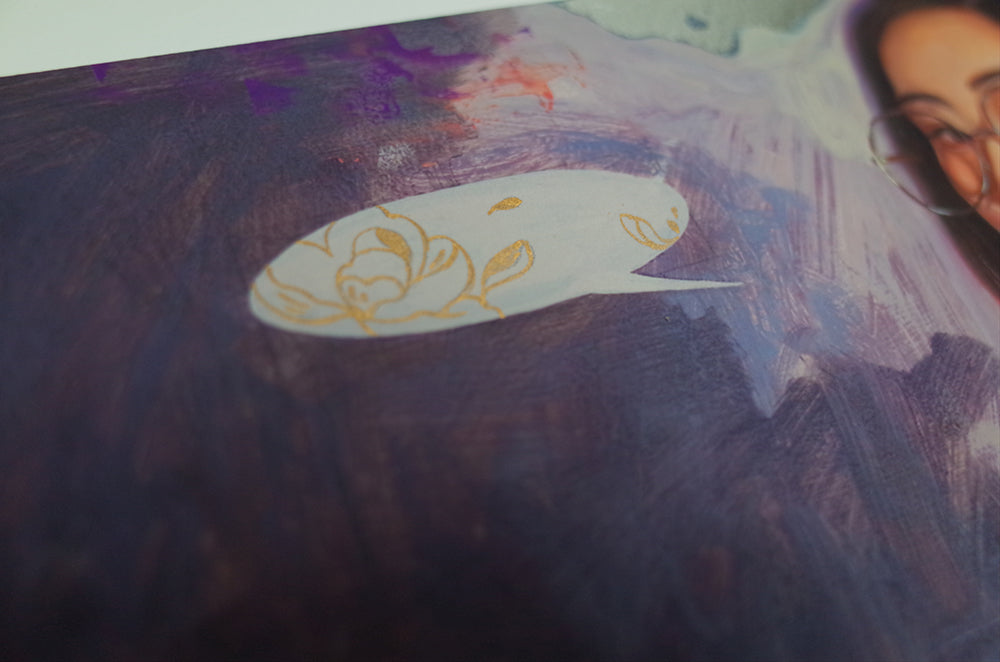 The Little Minimal Melody #2 by Helice Wen is an archival pigment print, hand-embellished. It features a floral-patterned speech bubble over a purple and blue textured backdrop, with a partially visible face on the right edge.
