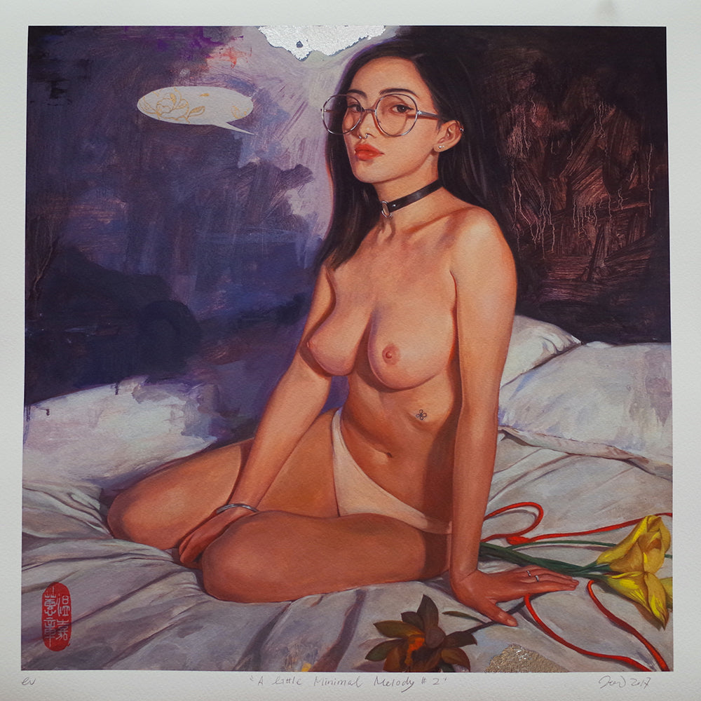 Helice Wens hand-embellished Little Minimal Melody #2 shows a woman on a bed in glasses, a choker, and beige underwear. She gazes sideways against a dark abstract background with yellow lilies and red ribbons.