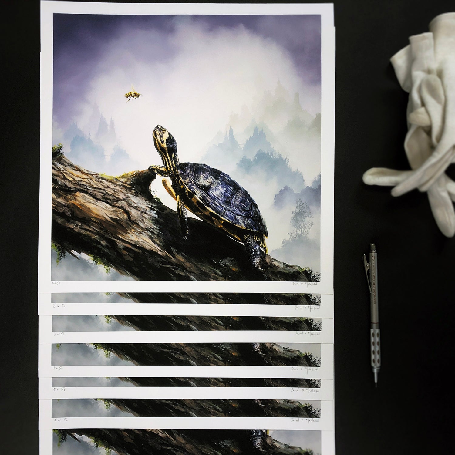 The limited edition Box Turtle & Honeybee prints by Brian Mashburn depict a turtle on a branch observing an insect, set against his signature misty mountains. Displayed on a dark surface with a pen and white gloves, they capture the serene beauty of nature.