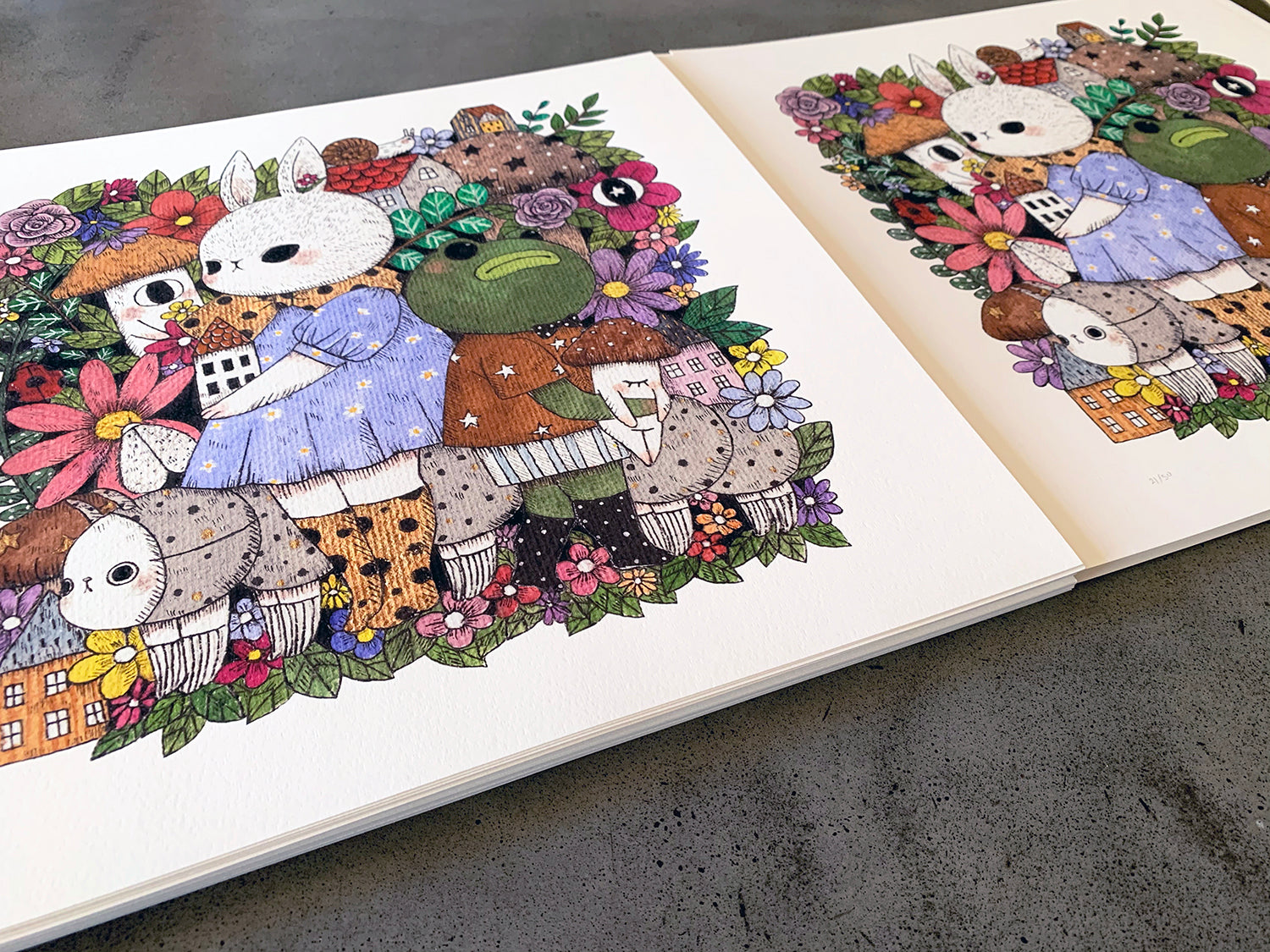 The Gala by jb0xtchi is a limited edition archival pigment print, featuring a vibrantly dressed mix of animals and fantasy creatures among flowers and greenery on a textured background with two angled copies. Each print is signed, numbered, and showcases houses blending into nature.