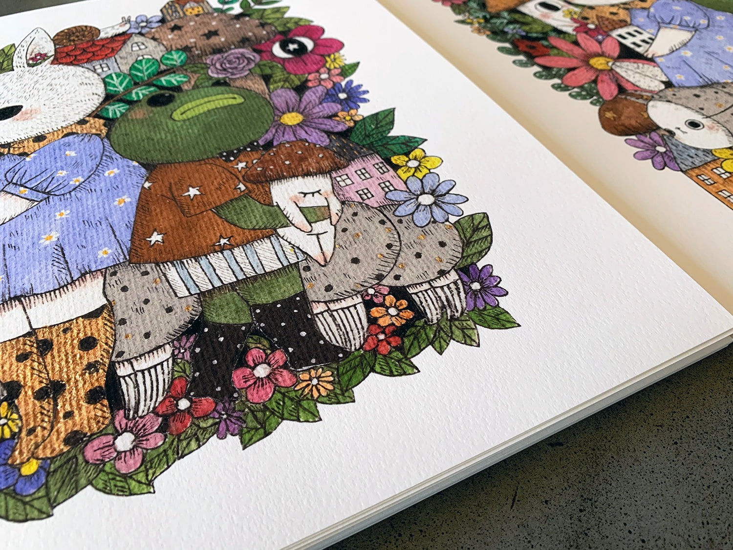 The Gala by jb0xtchi features a whimsical illustration of characters, such as a frog and bear, in vibrant floral settings with detailed textures and patterned clothing. This signed, limited edition archival pigment print is numbered for exclusivity.