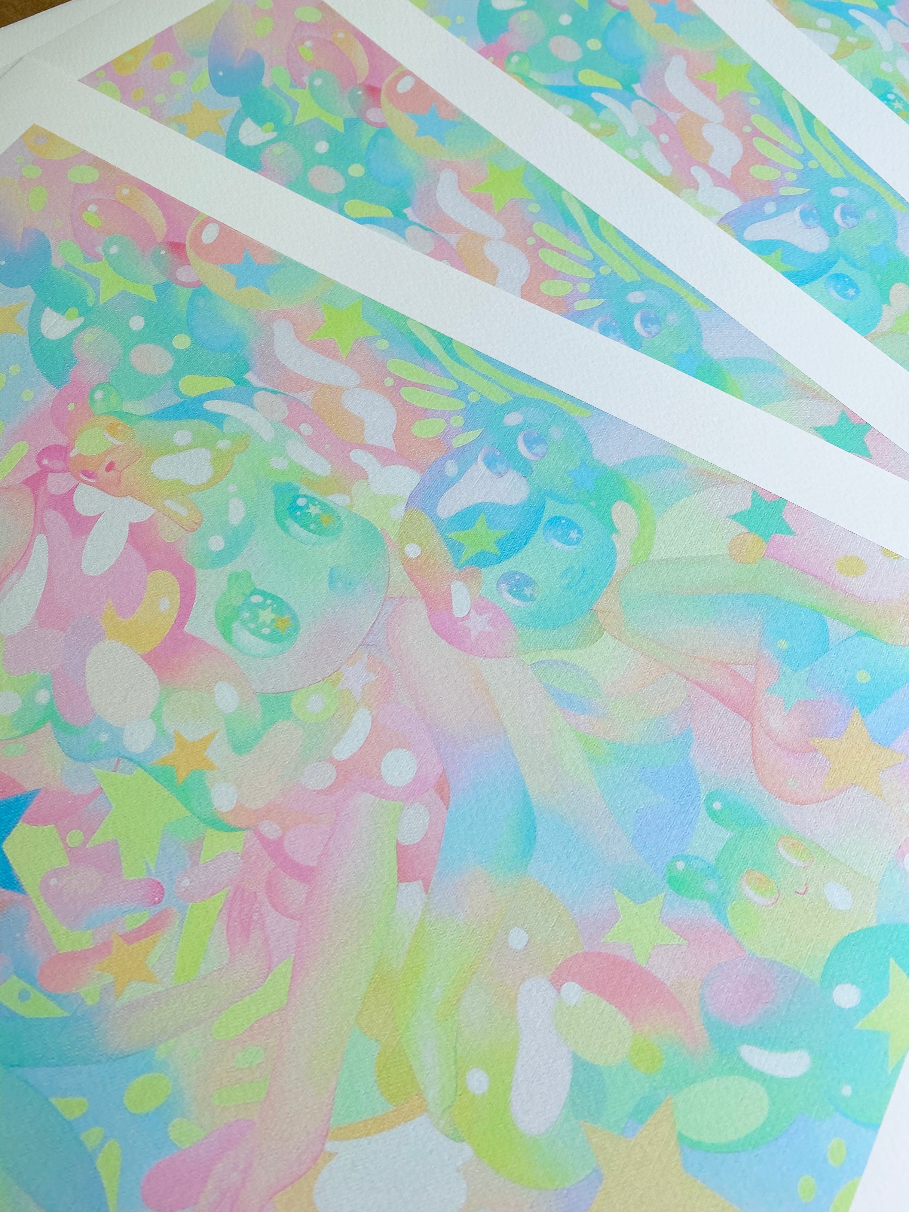 Espirit by So Youn Lee showcases dreamy abstract figures with flowing forms and vibrant hues of pink, blue, green, and yellow. These hand-embellished archival pigment prints feature stars and soft shapes for a whimsical, ethereal effect with overlapping designs.