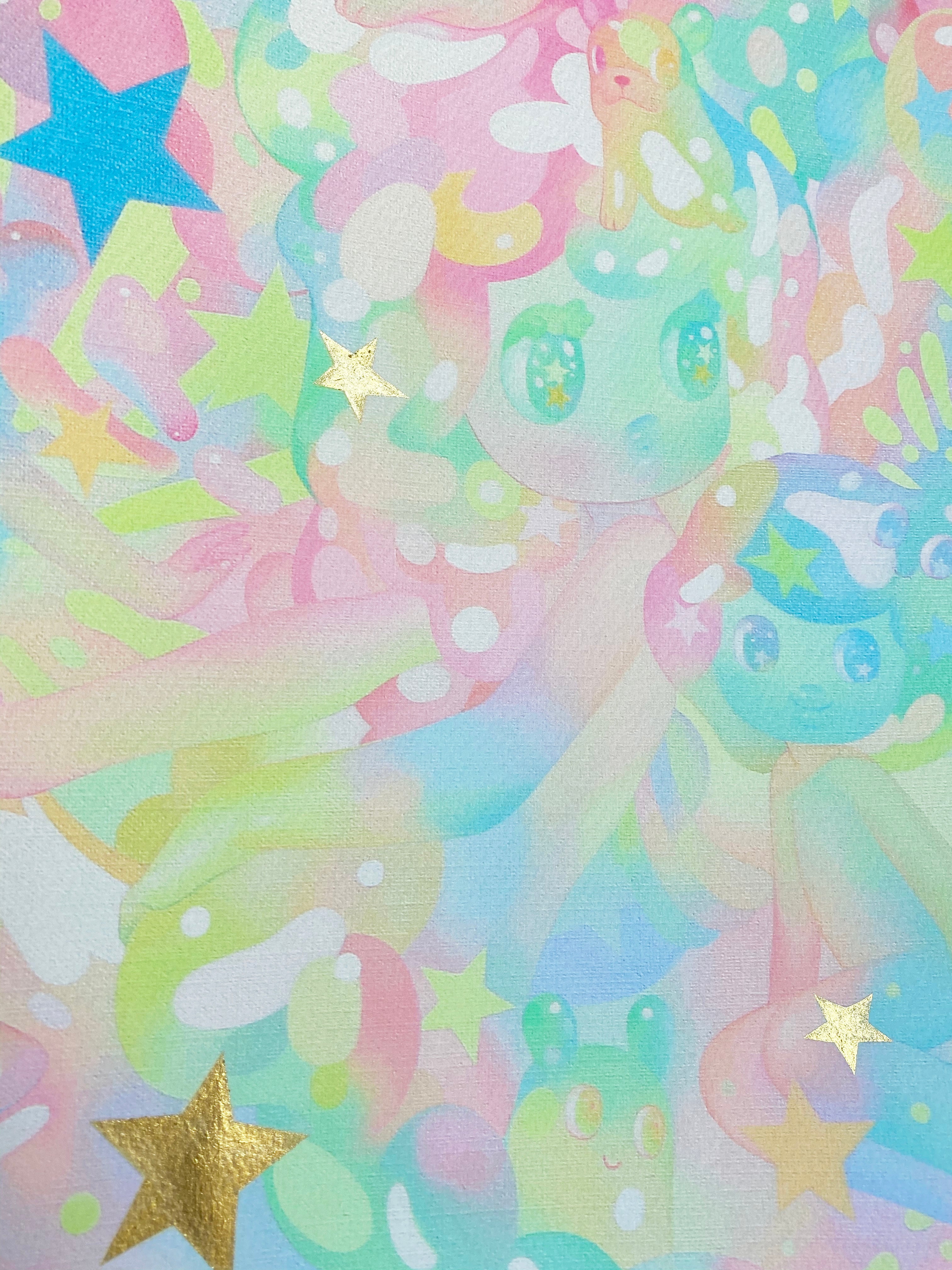 The hand-embellished Espirit masterpiece by So Youn Lee is a colorful abstract illustration featuring whimsical characters, stars, and swirling patterns in pastel hues like pink, blue, green, and yellow. Metallic gold stars add a shimmering touch to the dreamy design.