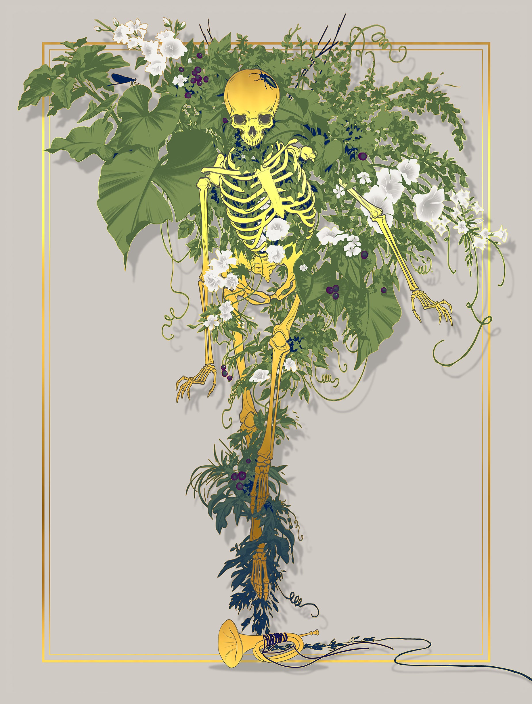Fertile Ground by JAW Cooper presents a skeleton interwoven with green plants and white flowers, enveloped in vines on fertile soil. A trumpet rests at the base, adding to this intricate screenprints fusion of nature and the skeletal form.