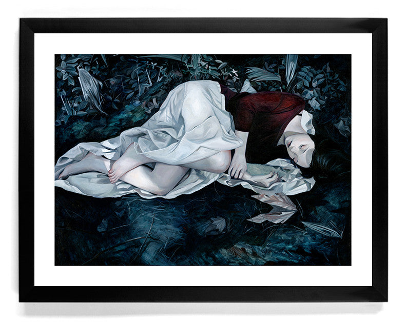 Let it Be, a framed giclee print by Joanne Nam, shows a figure in red and a white cloth lying peacefully on dark foliage. The piece is signed and numbered for authenticity.