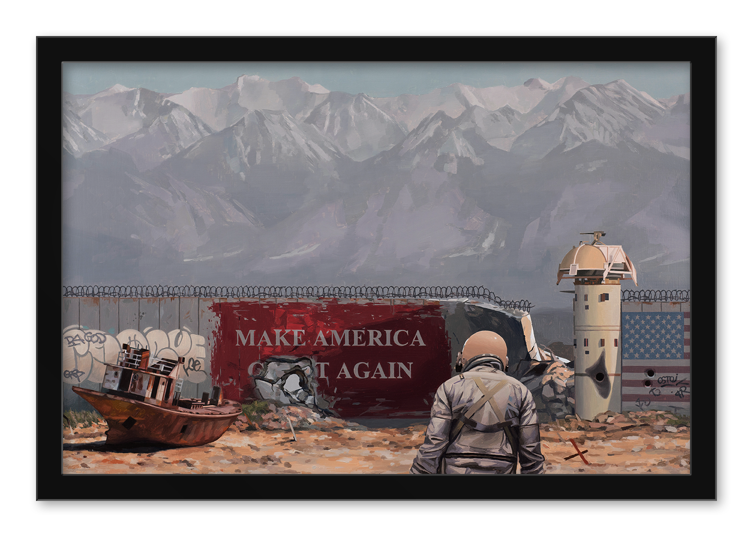 In Scott Listfields Archival Pigment Print titled Make America Again, a person in a spacesuit stands in a rocky landscape, facing graffiti. A derelict boat and watchtower with U.S. flag motifs capture the essence of ACLUs freedom fight, while snow-capped mountains loom in the background.