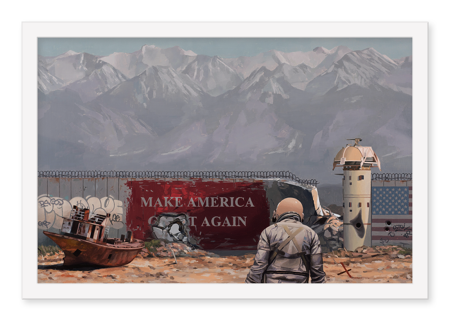 An astronaut stands on a barren landscape with distant mountains. A wall displays Make America Again amid graffiti, an American flag, and a watchtower. A small boat and cross suggest past journeys—all in stunning detail in this Scott Listfield archival pigment print.