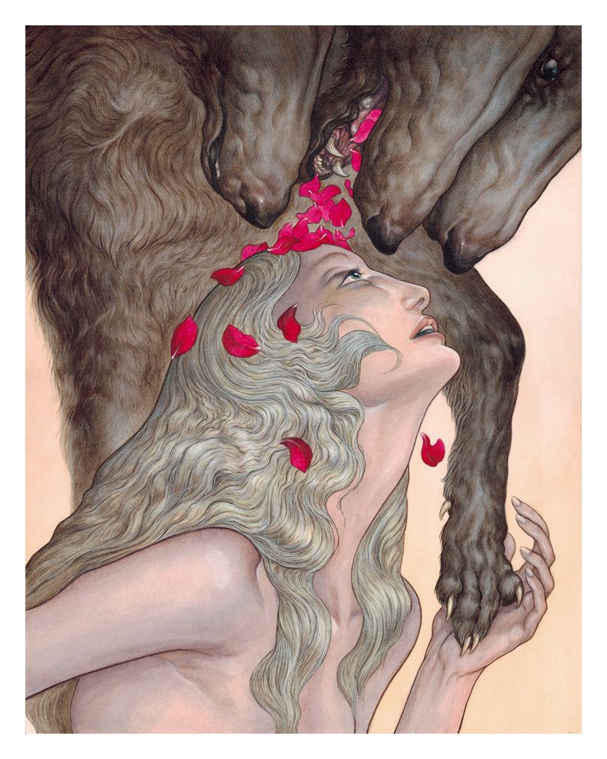 In the Jason Mowry print Blessings from the Maw, a woman with long, flowing hair gazes at a looming dark creature. Red petals fall around her head against a neutral backdrop. She gently holds its paw, creating an enchanting museum-quality piece.