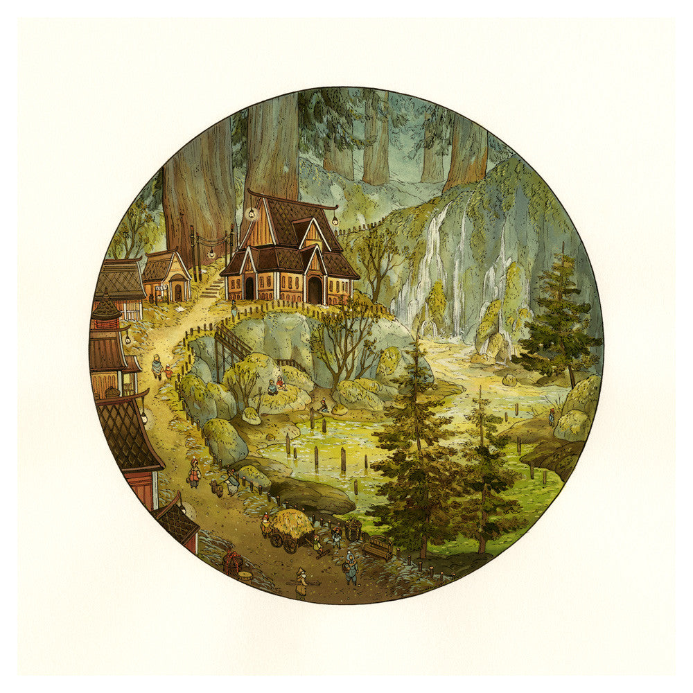 A serene village scene nestled among tall trees and a waterfall with tiny figures and a cart near bridges, reminiscent of Nicole Gustafsson prints, is captured in this fine art giclee from the Nicole Gustafsson Triptych Collection.