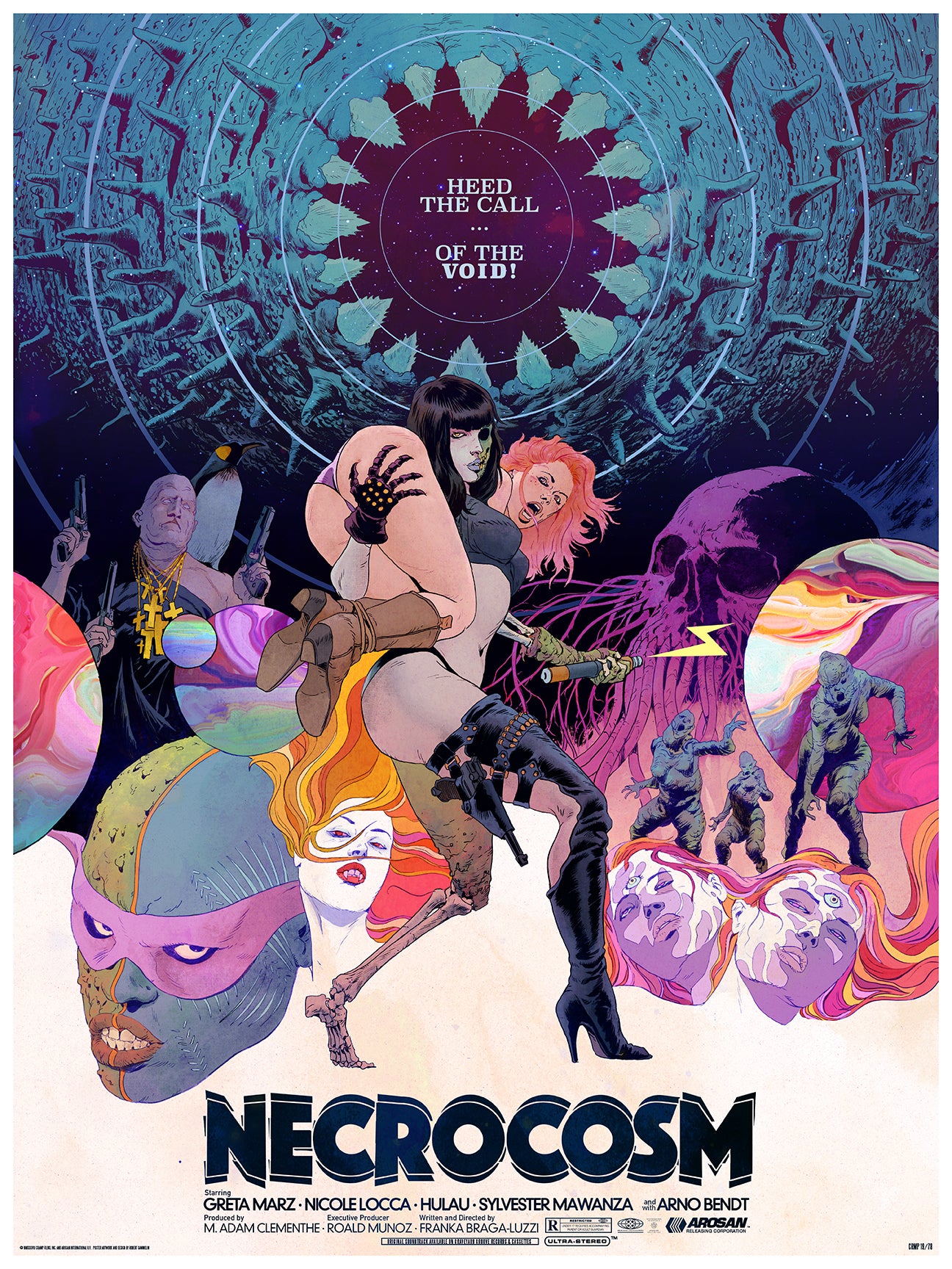 Explore Robert Sammelins Necrocosm poster, an Archival Pigment Print depicting a vibrant surreal cosmic scene. It features a woman embracing another amid abstract shapes and planets, with the text Heed the Call of the Void.