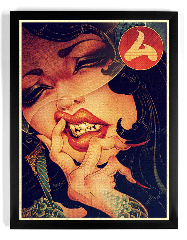 The limited edition MU by ONEQ features a stylized woman with bold red lips, closed eyes, biting her finger. Her dark hair flows dramatically, with a distinctive red symbol in the top right corner. The fine art print is framed in black and hand-numbered for exclusivity.