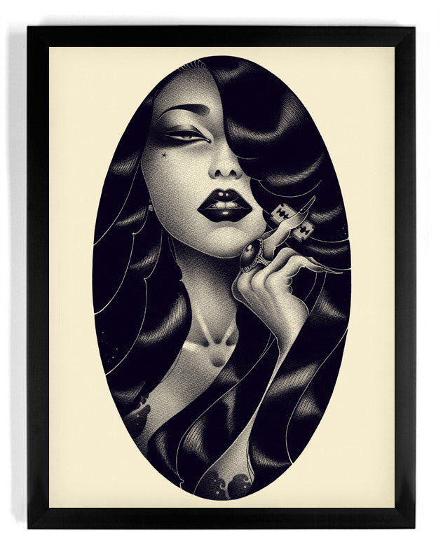 The Kamisori by ONEQ is a fine art print depicting a woman with flowing hair and a small bird. The work features bold lines and intricate details within an oval frame, surrounded by a black rectangular border. Ideal for collectors of limited edition pieces.